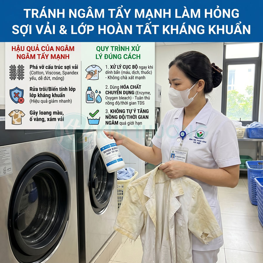 Nhân viên y tế cầm chai hóa chất giặt tẩy và áo blouse cũ trước máy giặt công nghiệp trong phòng giặt ủi